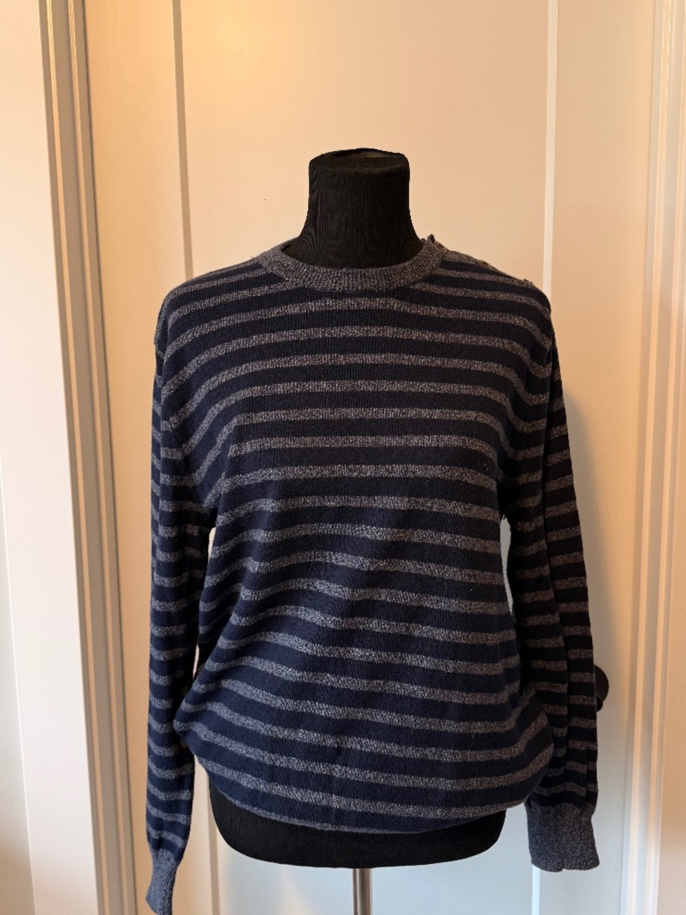 JCrew Striped Shoulder Button Sweater Navy Blue Gray 100% Cotton